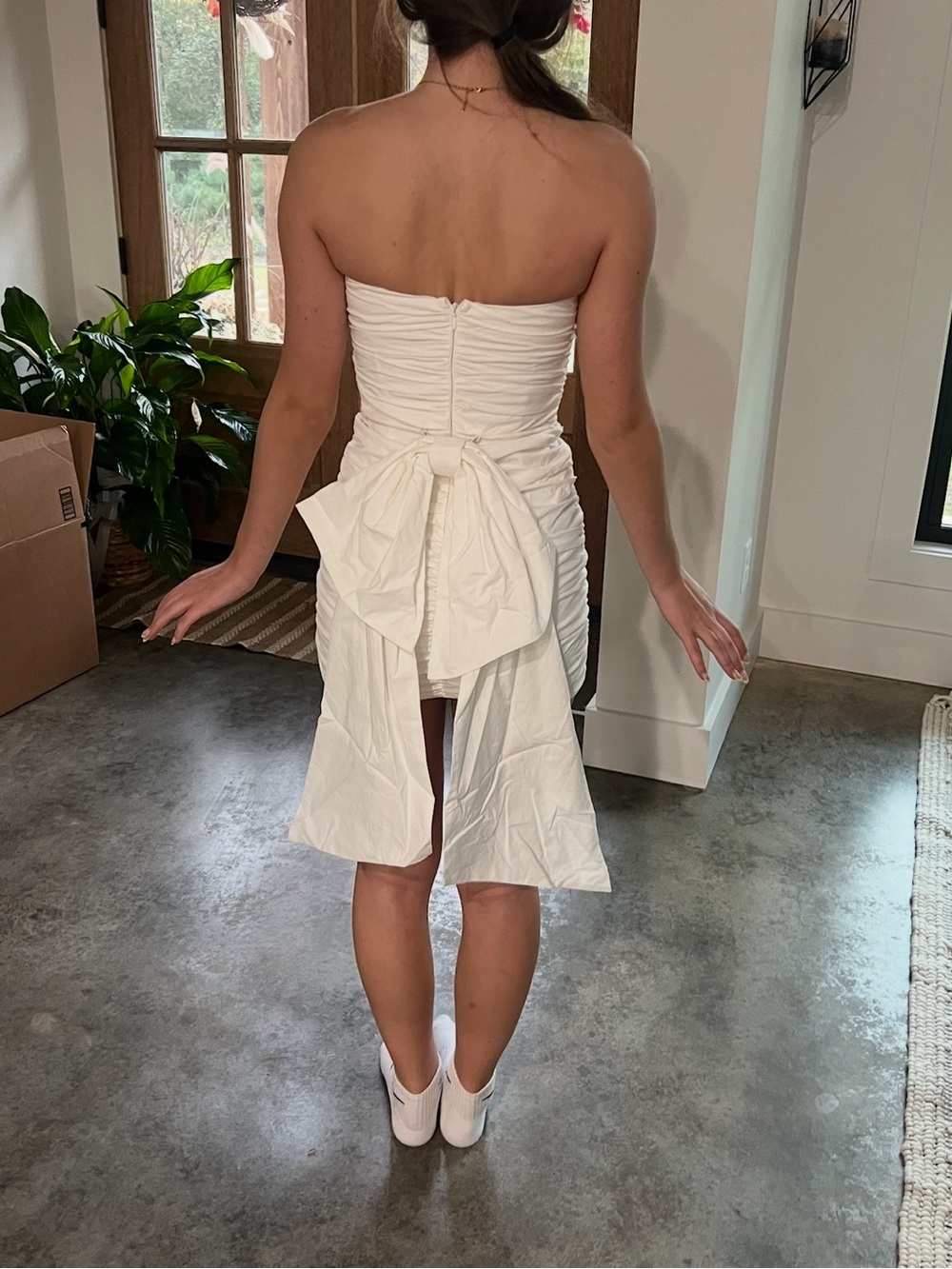Lucy in the Sky Strapless White Ruched Dress with Back Bow